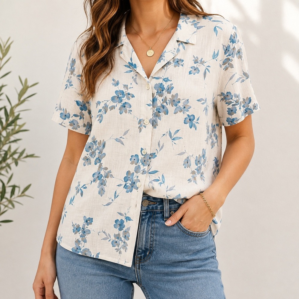 Van Heusen Womens Medium Blue Floral Linen Blend Short Sleeve Button Down Shirt
